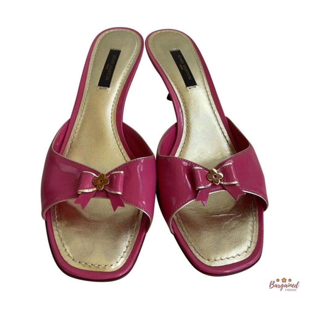 Authentic Louis Vuitton Mules Pink Patent Leather Flower Open Toe Sandals 7.5